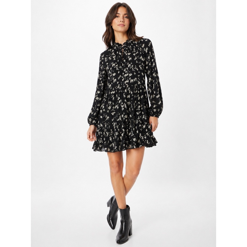MNG Floral Mini Dress Women XS Black Long Sleeve Ruffle Neck Tiered Boho Cottage